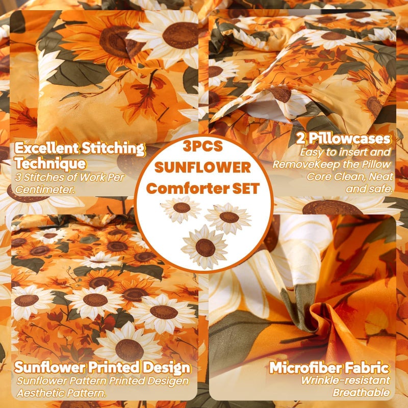 ماج طقم لحاف كامل مكون من 3 قطع عباد الشمس من MAG، أطقم سرير كاملة الحجم من الألياف الدقيقة، نمط زهرة برتقالي بوهو، يشمل كل المواسم 1 لحاف + 2 كيس وسادة للأطفال الأولاد والبنات، مسامي ومتجعد. - Image 5